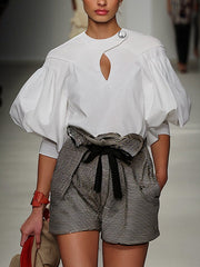 Buttoned Elasticity Hollow Pleated Solid Color Split-Joint Half Sleeves Loose Round-Neck Blouses&Shirts Tops