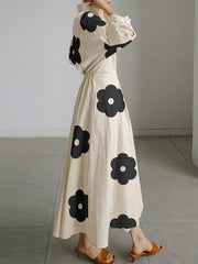 Contrast Color Floral Printed Pleated Tied Waist Long Sleeves Loose Lapel Shirt Dress