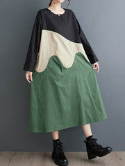 Asymmetric Contrast Color Split-Joint A-Line Long Sleeves Round-Neck Midi Dresses