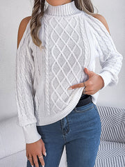 Hollow Solid Color Long Sleeves Loose Cold Shoulder Sweater Tops Pullovers