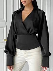 Solid Color Long Sleeves Loose Lapel Blouses&Shirts Tops