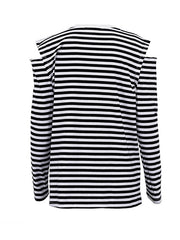Contrast Color Hollow Striped Long Sleeves Loose Cold Shoulder T-Shirts