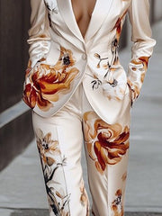Long Sleeves Buttoned Flower Print Notched Collar Blazer Outerwear