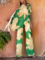 Flower Print Ribbon Loose Asymmetric One-Shoulder Shirts Top + Pants Bottom Two Pieces Set