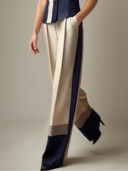 Contrast Color Elasticity Pockets High Waisted Loose Trousers Pants