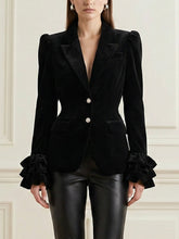 Buttoned Solid Color Split-Joint Elasticated Waist High Waisted Notched Collar Blouses&Shirts Tops Blazer