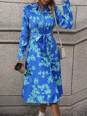 Printed Split-Joint Tied Waist Long Sleeves Loose Lapel Shirt Dress Midi Dresses