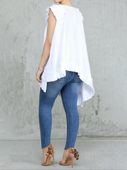 Asymmetric Pleated Solid Color Split-Joint Flying Sleeves Irregular Clipping Round-Neck Vest Top