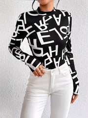 Letter Print Split-Joint Long Sleeves Skinny Mock Neck T-Shirts Tops