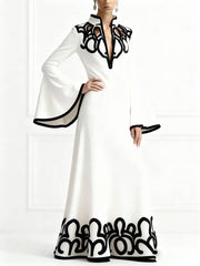 A-Line Flared Sleeves Abstract Printed Contrast Color Hollow Line Split-Joint Stand Collar Maxi Dresses