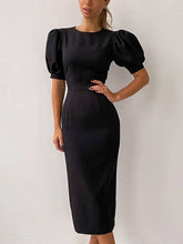 Vintage Solid Color Half Sleeves Puff Sleeves Midi Dress