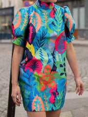 Contrast Color Leaves Print Loose Puff Sleeves High Neck Mini Dresses