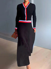 Buttoned Contrast Color A-Line Long Sleeves V-Neck Maxi Dresses