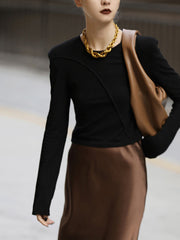 Asymmetric Shoulder Pad Solid Color Split-Joint Long Sleeves Skinny Round-Neck T-Shirts Tops
