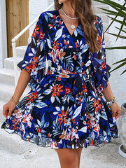 Flower Print Ruffle Trim Split-Joint Tied Waist Flared Sleeves Half Sleeves V-neck Mini Dresses