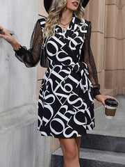 Letter Print Mesh Split-Joint Tied Waist A-Line Long Sleeves V-Neck Mini Dresses