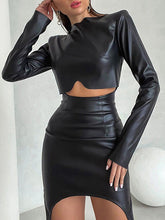 Solid Color Split-Joint Round-Neck T-shirt Top + High Waisted Zipper Bodycon Skirts Bottom Two Pieces Set