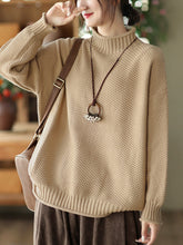 Vintage Long Sleeves Loose Solid Color High-Neck Sweater Tops
