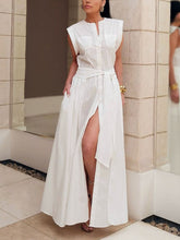 Buttoned Solid Color Split-Side Tied Waist Cap Sleeve Loose Shirt Dress Maxi Dresses