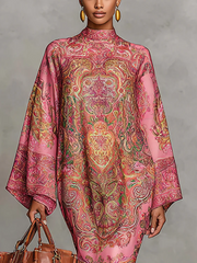 Contrast Color Printed Long Sleeves Loose Mock Neck Midi Dresses