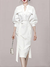 See-Through Split-Joint Split-Side Tied Waist Long Sleeves Loose V-Neck Shirt Dress Midi Dresses