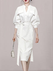 See-Through Split-Joint Split-Side Tied Waist Long Sleeves Loose V-Neck Shirt Dress Midi Dresses