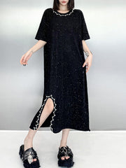 Asymmetric Beaded Shiny Split-Joint Loose Short Sleeves Round-neck Midi Dresses