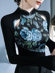 Buttoned Flower Print Hollow Split-Joint Long Sleeves Skinny Round-Neck T-Shirts Tops