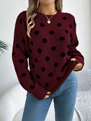 Contrast Color Polka-Dot Long Sleeves Loose Round-Neck Sweater Tops Pullovers