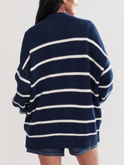 Split-Joint Striped Long Sleeves Loose V-neck Cardigan Tops