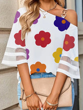 Half Sleeves Loose Contrast Color Floral Printed Hollow Off-The-Shoulder T-Shirts Tops