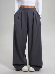 Pleated Pockets Solid Color High Waisted Loose Trousers Pants