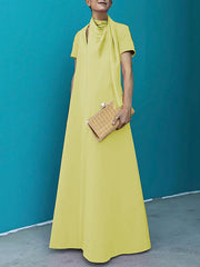 Hollow Pleated Solid Color A-line Loose Mock Neck Maxi Dresses