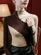 Contrast Color Ruffle Trim Split-Joint Long Sleeves Plus Size Mock Neck T-Shirts Tops