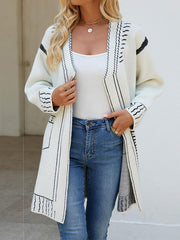 Jacquard Split-Joint Long Sleeves Loose V-Neck Cardigan Tops