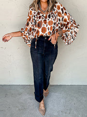 Contrast Color Pleated Split-Joint Long Sleeves Loose V-neck Blouses&shirts Tops
