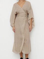 See-Through Solid Color Split-Side Tied Waist Loose Three-Quarter Sleeves V-Neck Midi Dresses