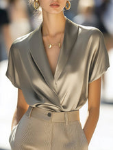 Solid Color Loose Short Sleeves V-Neck Blouses&Shirts Tops
