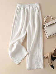 Ruffle Ramie Cotton Elasticity Loose Casual Wide-Leg Pants