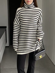Striped Long Sleeves Loose High-Neck Sweater Pullovers Knitwear