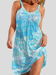 Flower Print Pleated A-Line Loose Spaghetti-Neck Mini Dresses