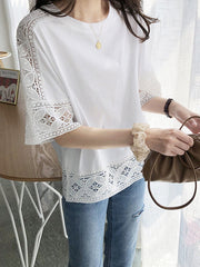 Hollow Solid Color Split-Joint Half Sleeves Loose Round-Neck T-Shirts Tops