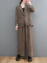 Vintage Ramie Cotton Notched Collar One Button Suits+Column Pants 2 Pieces Set