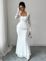 Flower Print Ruffled See-Through Solid Color Split-Joint Bodycon Long Sleeves Square-Neck Maxi Dresses