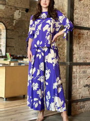 Flower Print Round-Neck T-Shirt&Wide Leg Pants Bottom Two Pieces Set