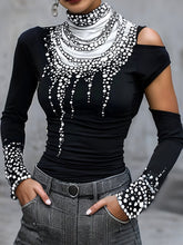 Hollow Printed Long Sleeves Skinny High Neck T-Shirts Tops