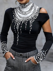 Hollow Printed Long Sleeves Skinny High Neck T-Shirts Tops