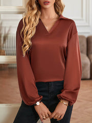 Backless Elasticity Hollow Knot Solid Color High-low Long Sleeves V-neck T-Shirts Tops