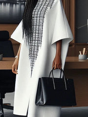 Loose Three-Quarter Sleeves Printed Split-Front Round-Neck Midi Dresses