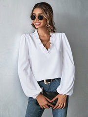 Casual Puff Sleeves Loose Falbala Solid Color V-Neck Blouses&Shirts Tops